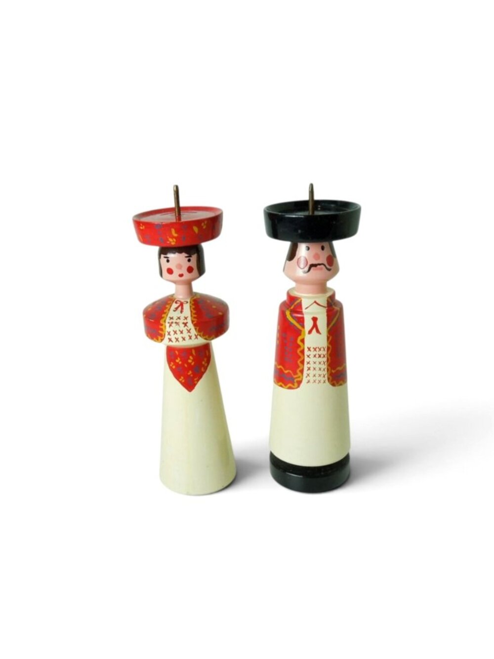 Pair of Vintage Estonian Folk Art Wooden Candlestick Holders 6.7"